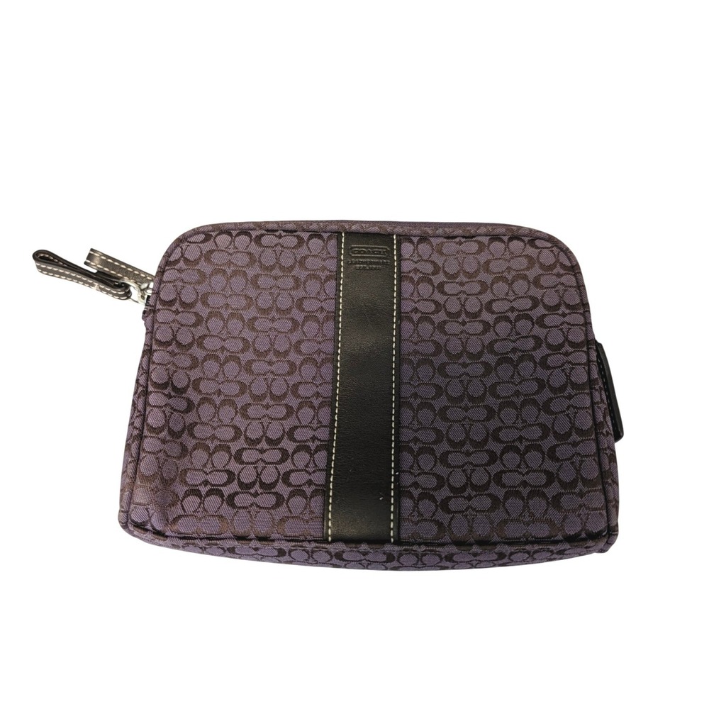Coach Signature Monogram Canvas Leather Trim Small Cosmetic Pouch Purple Brown